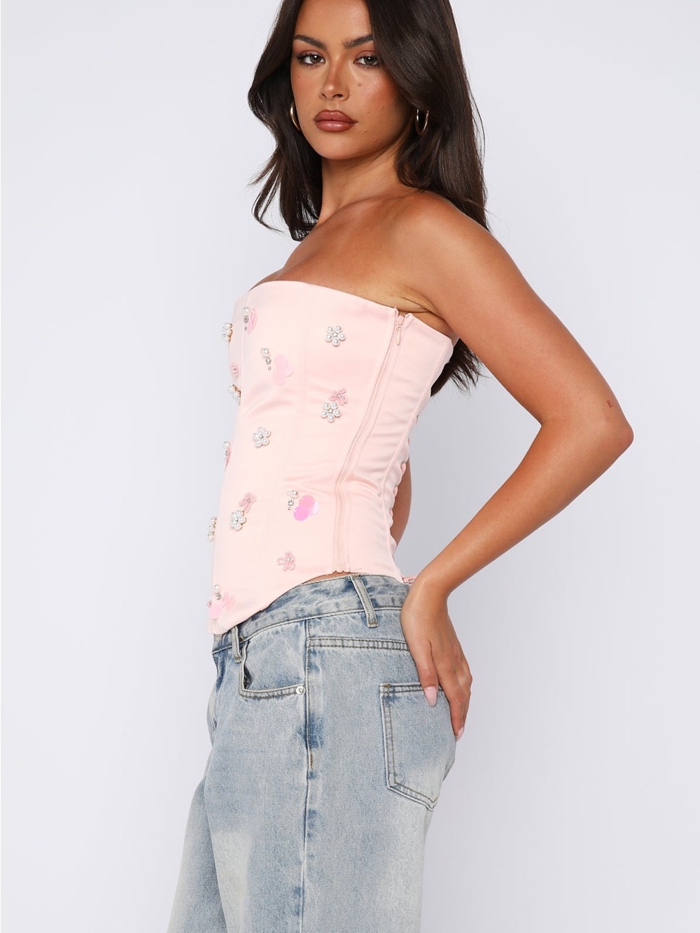 White Fox Boutique Light Pink Strapless Embellished Corset Top